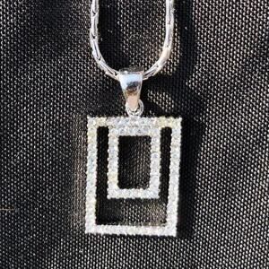 Cache Silver Rhinestone Necklace Squares 17" long Square 3/4" x 1" New NWT